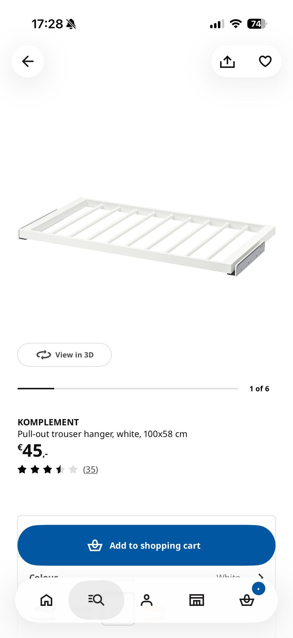 IKEA Komplement uittrekbare broekhanger wit 100x58 cm, Ophalen, 50 tot 100 cm, Zo goed als nieuw, Minder dan 100 cm