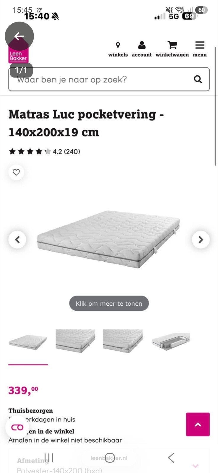 Matras Luc 140x200x19, Huis en Inrichting, Slaapkamer | Matrassen en Bedbodems, Ophalen, Tweepersoons, 140 cm, Zo goed als nieuw