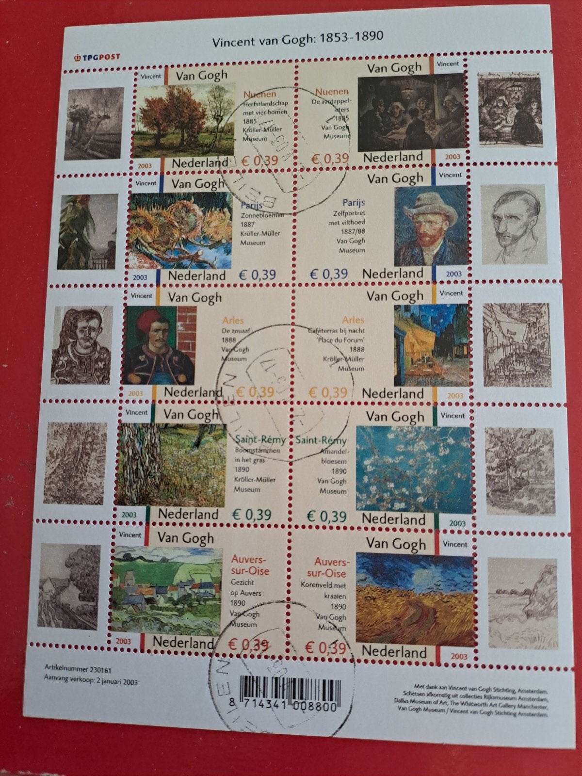 Postzegelvel Vincent van Gogh: 1853-1890, Ophalen of Verzenden, Na 1940, Gestempeld