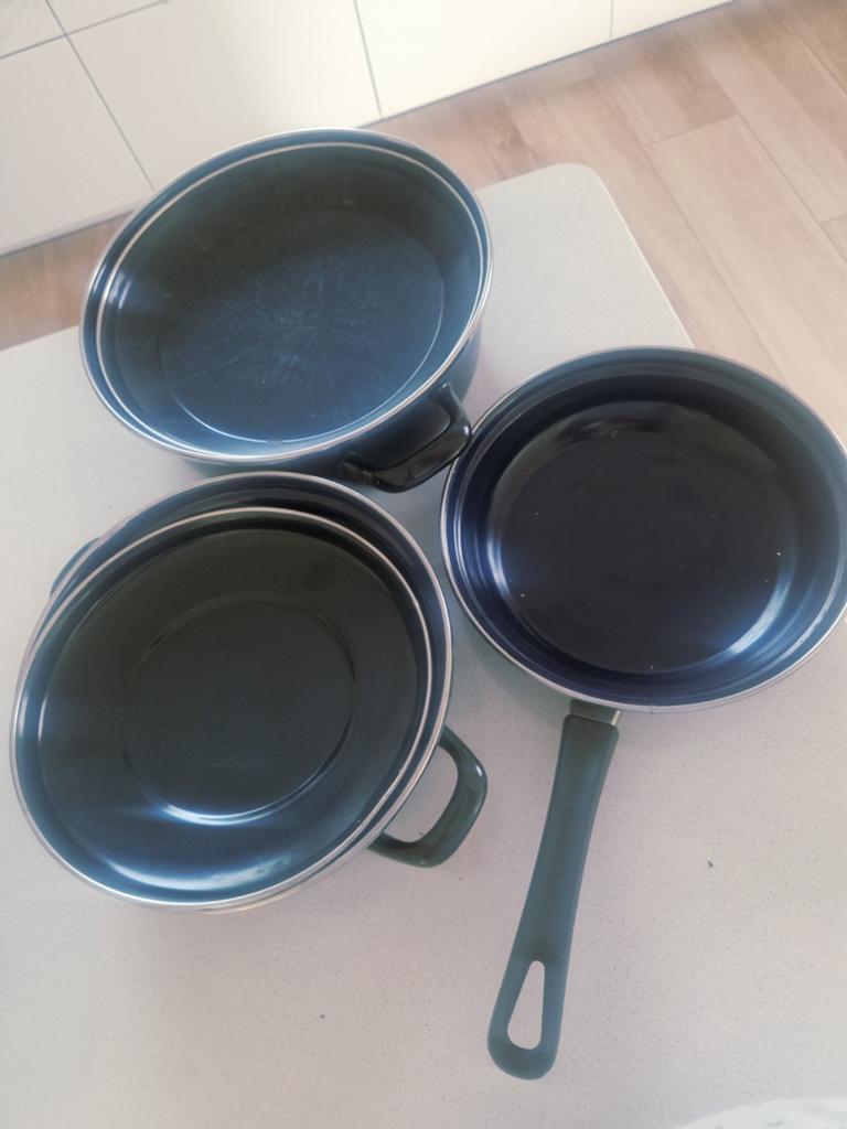 Vintage BK emaille pannenset – donkerblauw, Verzenden