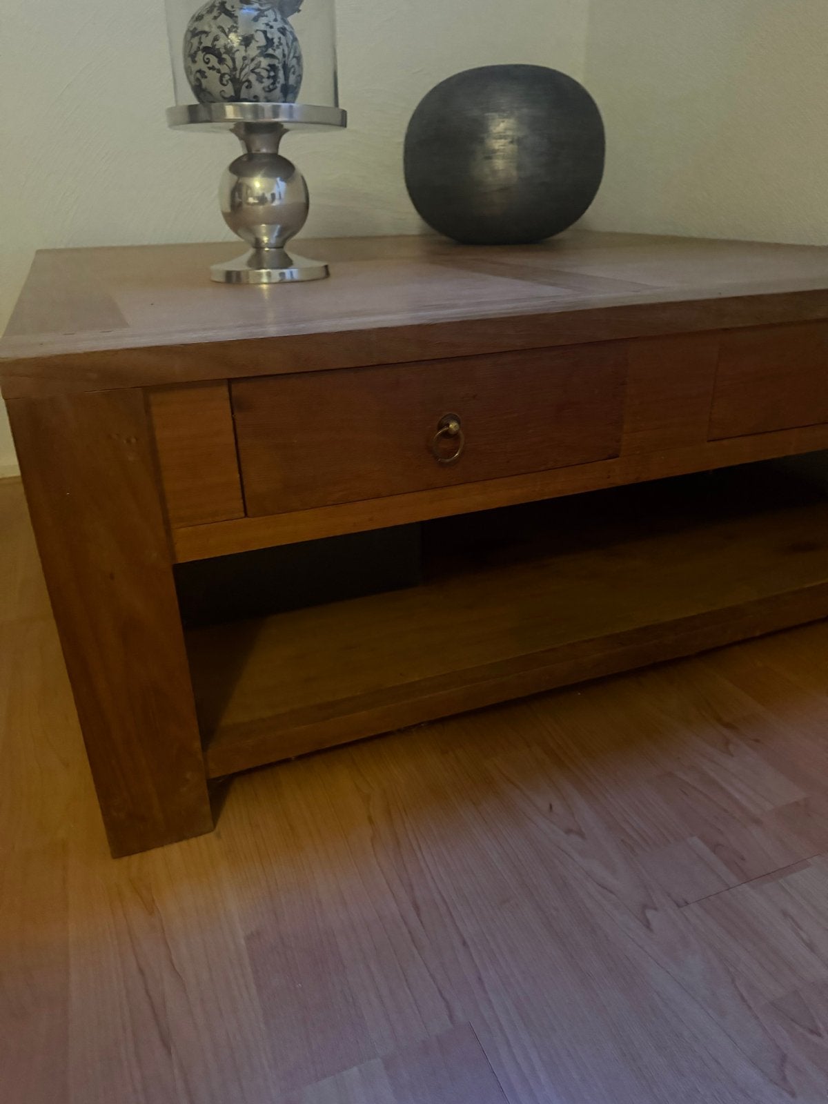 Vierkante Teakhouten Tafel 1.10x1.10 met Lades en Rek, 100 tot 150 cm, Ophalen of Verzenden, Zo goed als nieuw, Vierkant