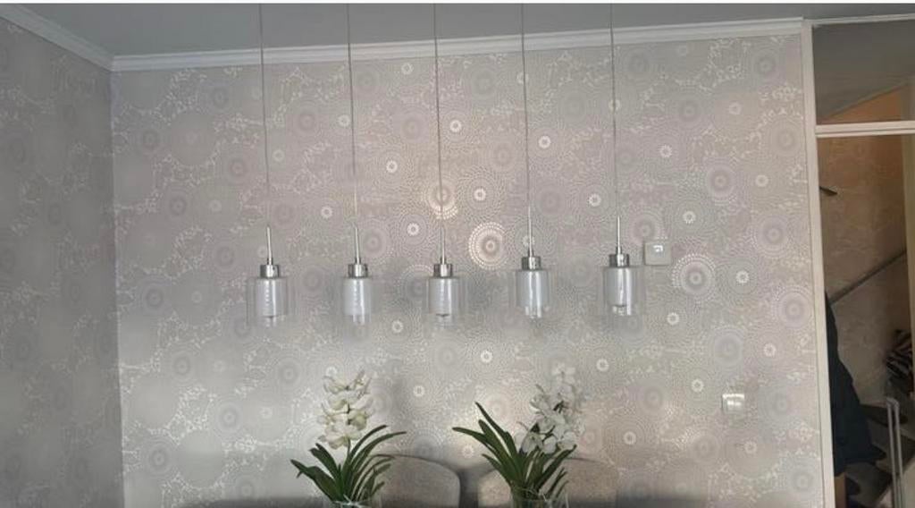 Moderne hanglamp met 6 glazen kappen, Ophalen, Zo goed als nieuw, Glas, 75 cm of meer
