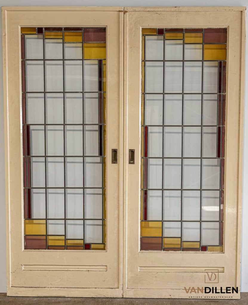 Oude ensuite schuifdeuren kleur glas in lood GAAF!, 120 cm of meer, Binnendeur, Ophalen of Verzenden, Zo goed als nieuw