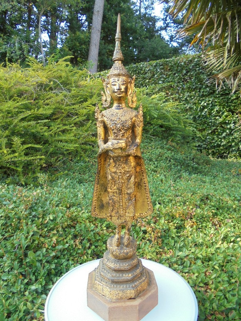 Antiek Boeddha Rattanakosin style 19de eeuw goud Thailand, Brons, Op sokkel, Beeld, Azië