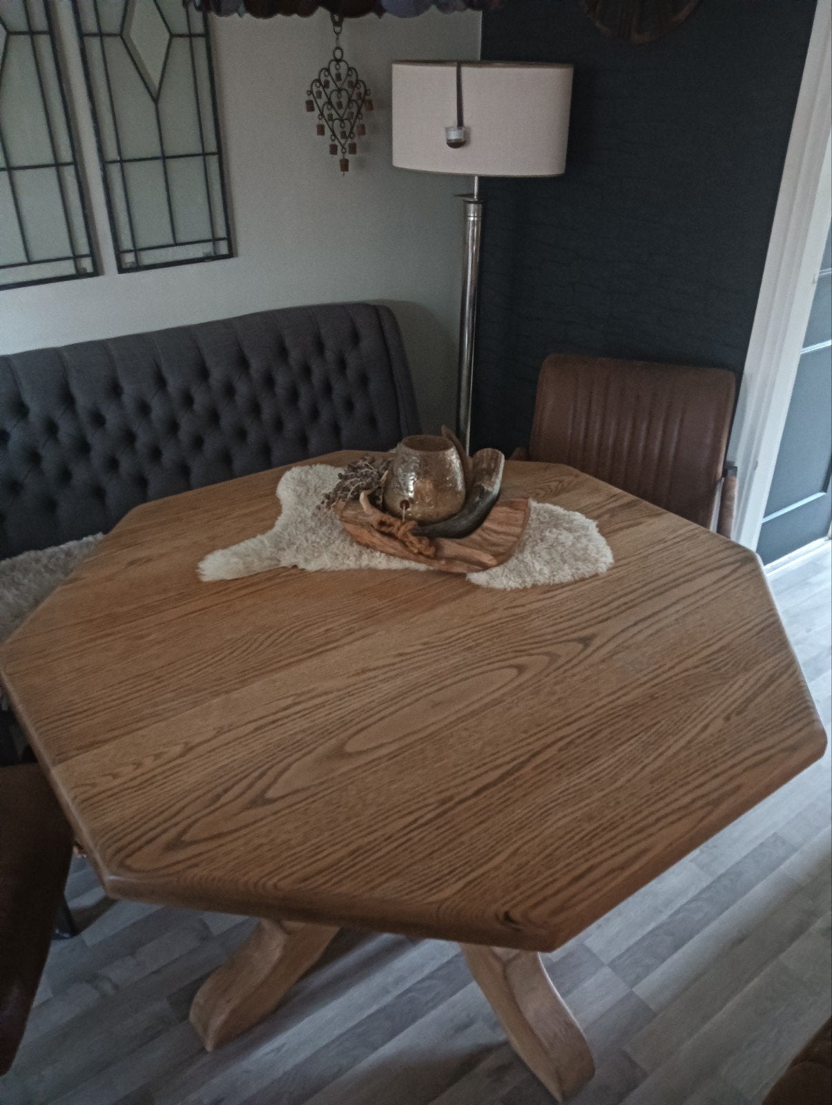 Robuust 8-hoekig eiken eettafel met kolom(klooster)poot, Ophalen, 100 tot 150 cm, Eikenhout, 200 cm of meer