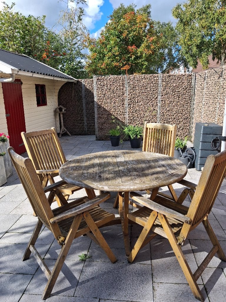 Houten tuinset met ronde tafel en 4 stoelen, Tuin en Terras, Tuinsets en Loungesets, Ophalen, 4 zitplaatsen, Gebruikt, Teakhout
