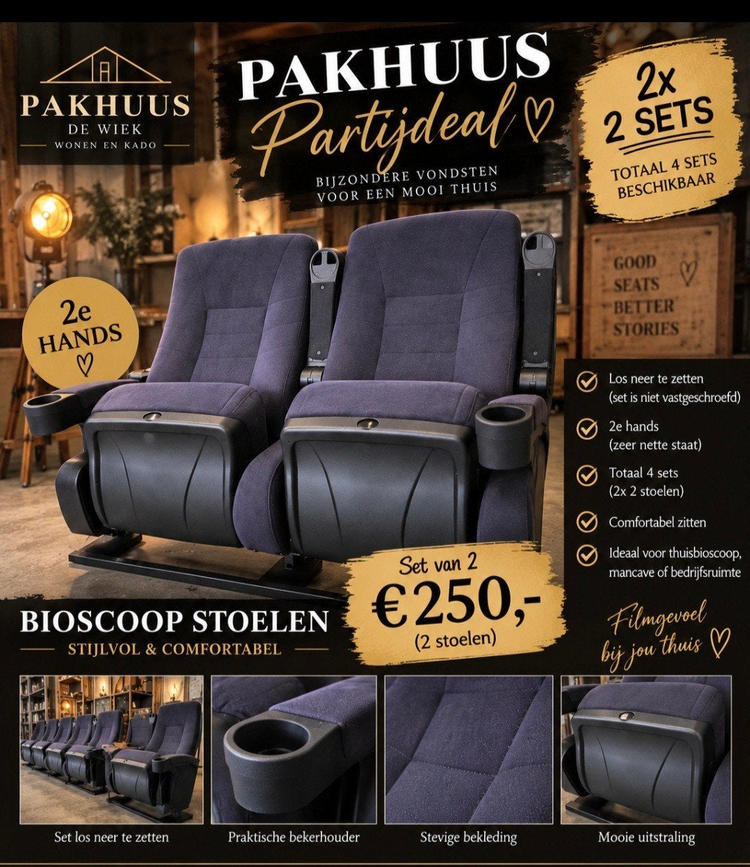 mooie bioscoop stoelen, Huis en Inrichting, Ophalen, Zo goed als nieuw, 75 tot 100 cm, 50 tot 75 cm