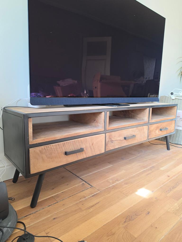 Moet weg! Industrieel tv-meubel mangohout | 160cm, Ophalen, Gebruikt, 150 tot 200 cm, Minder dan 100 cm