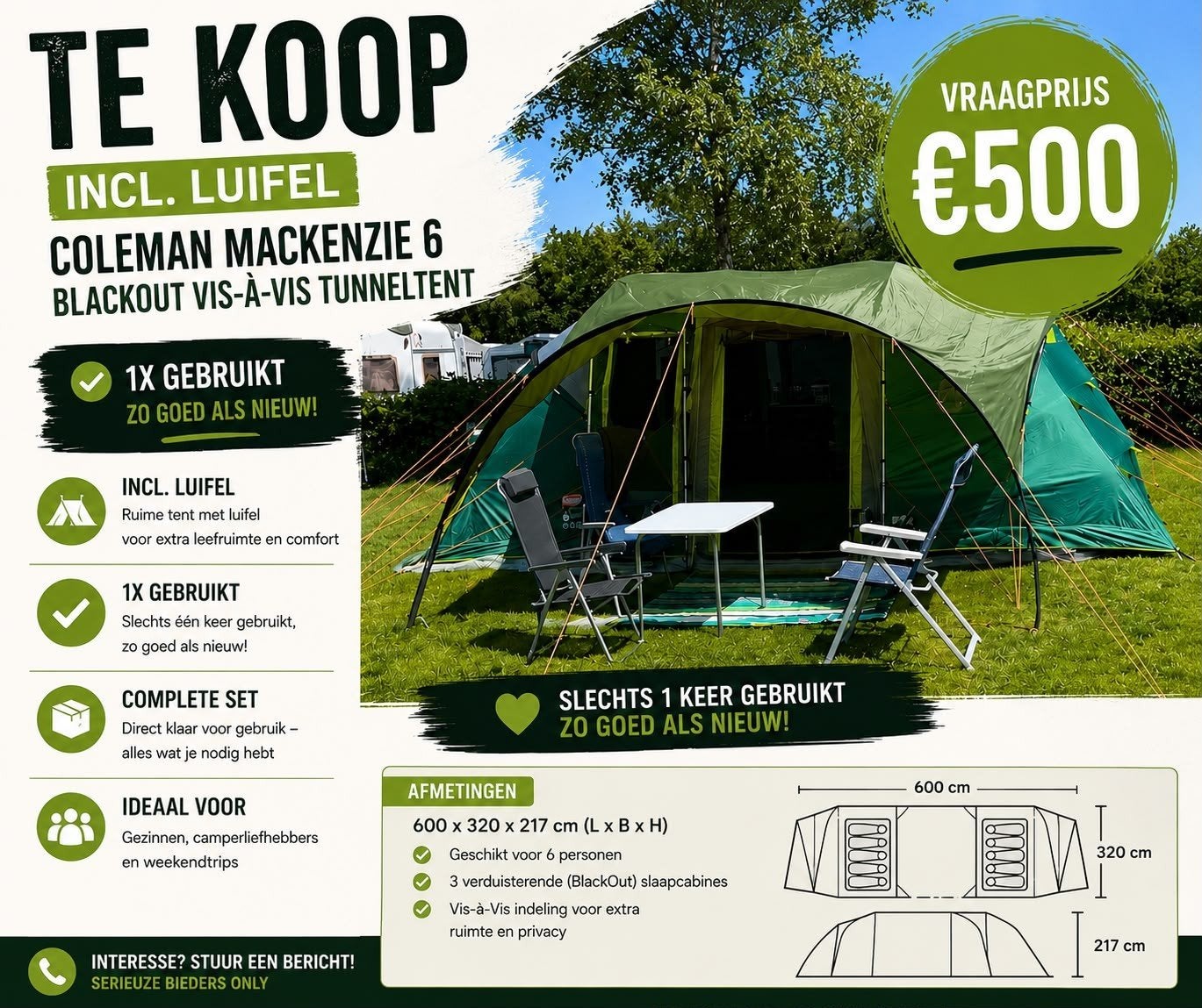 Coleman Mackenzie 6 BlackOut Vis-à-Vis + Luifel, Ophalen, Zo goed als nieuw