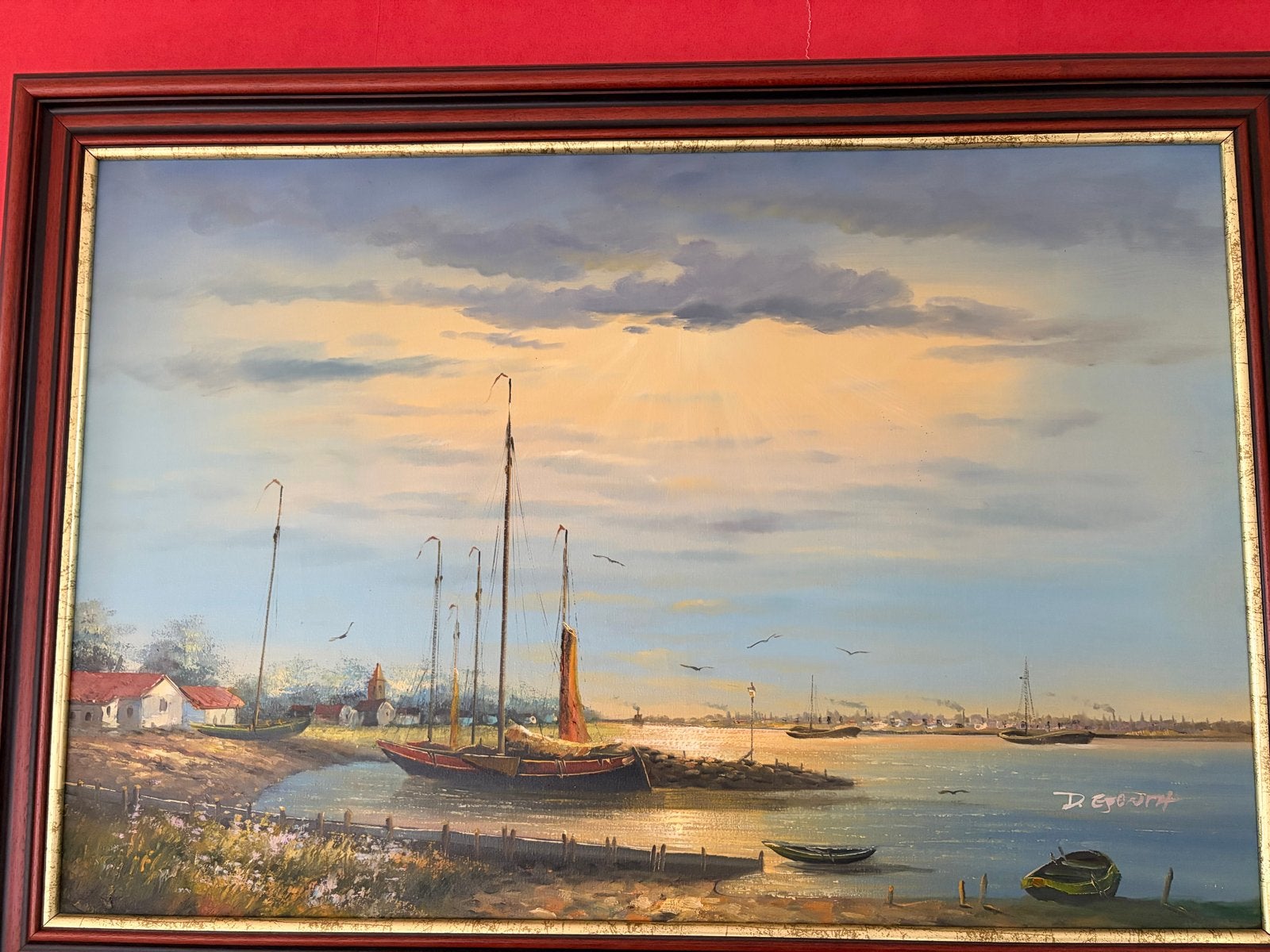 Schilderij: Maritiem Landschap met Zeilboten, Ophalen, Maritiem / water, Doek, Olieverf
