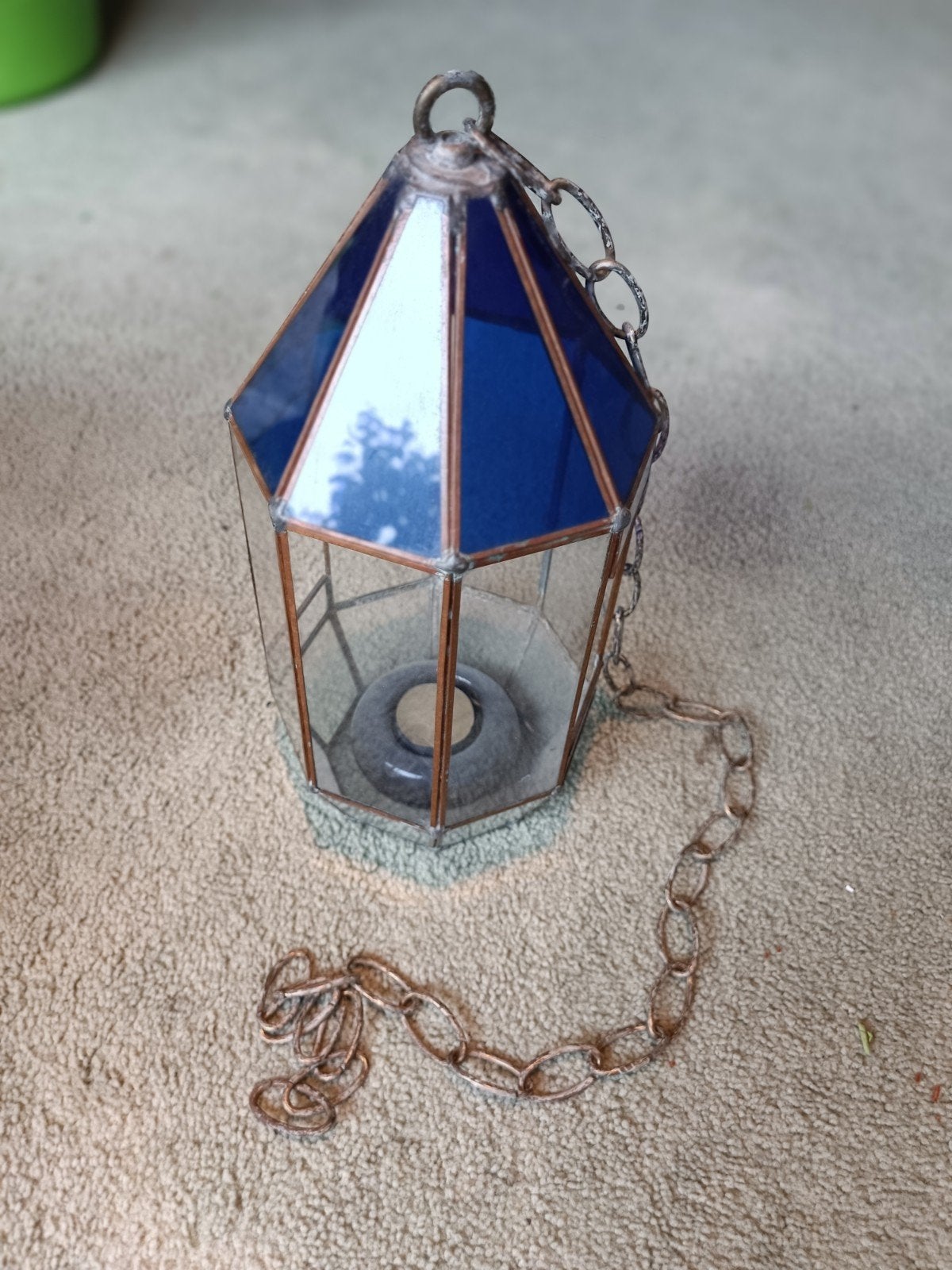 Glazen Lantaarn met Blauw Dakje met ketting, Ophalen, Gebruikt, Lantaarn, Blauw