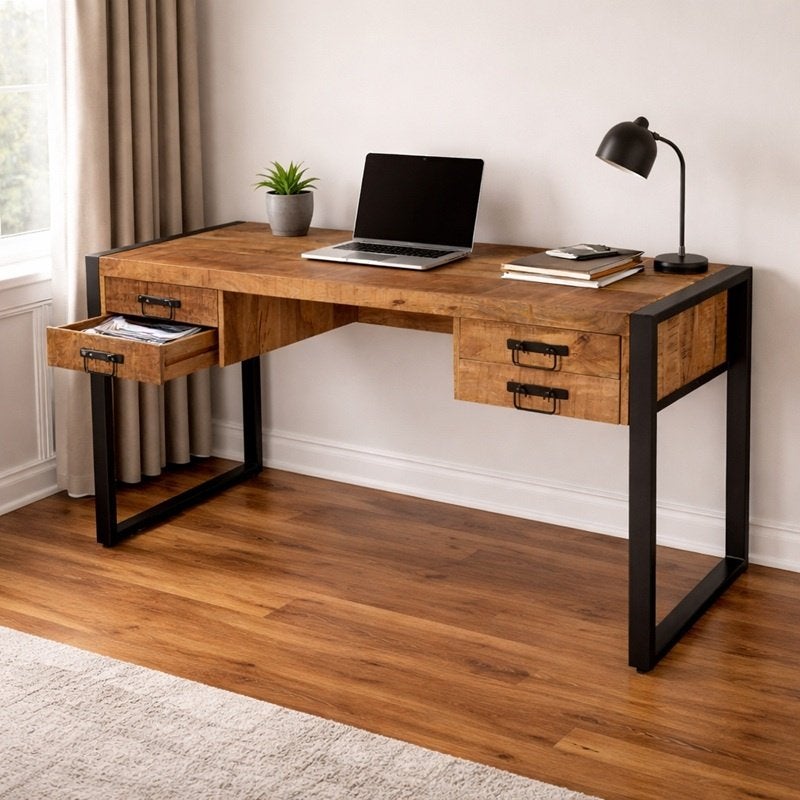 Vintage Mangohout Bureau Industrieel Mango Buro Hout, Info@dehanzeherten.nl, De Hanze Herten BV, 150 cm, Hout