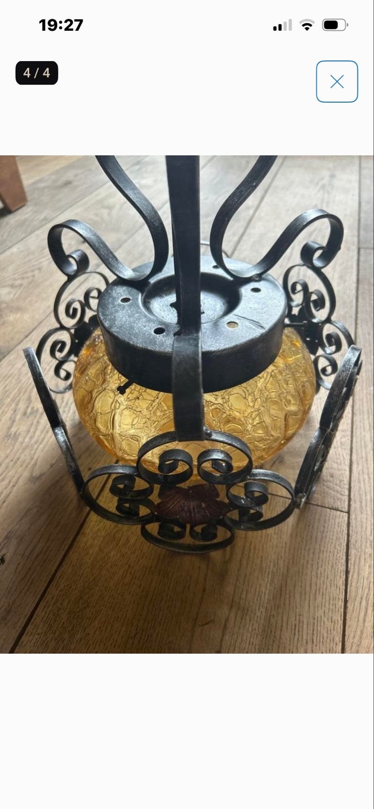 Vintage smeedijzeren hanglamp met amberkleurig glas, Ophalen, Gebruikt, Glas, 50 tot 75 cm
