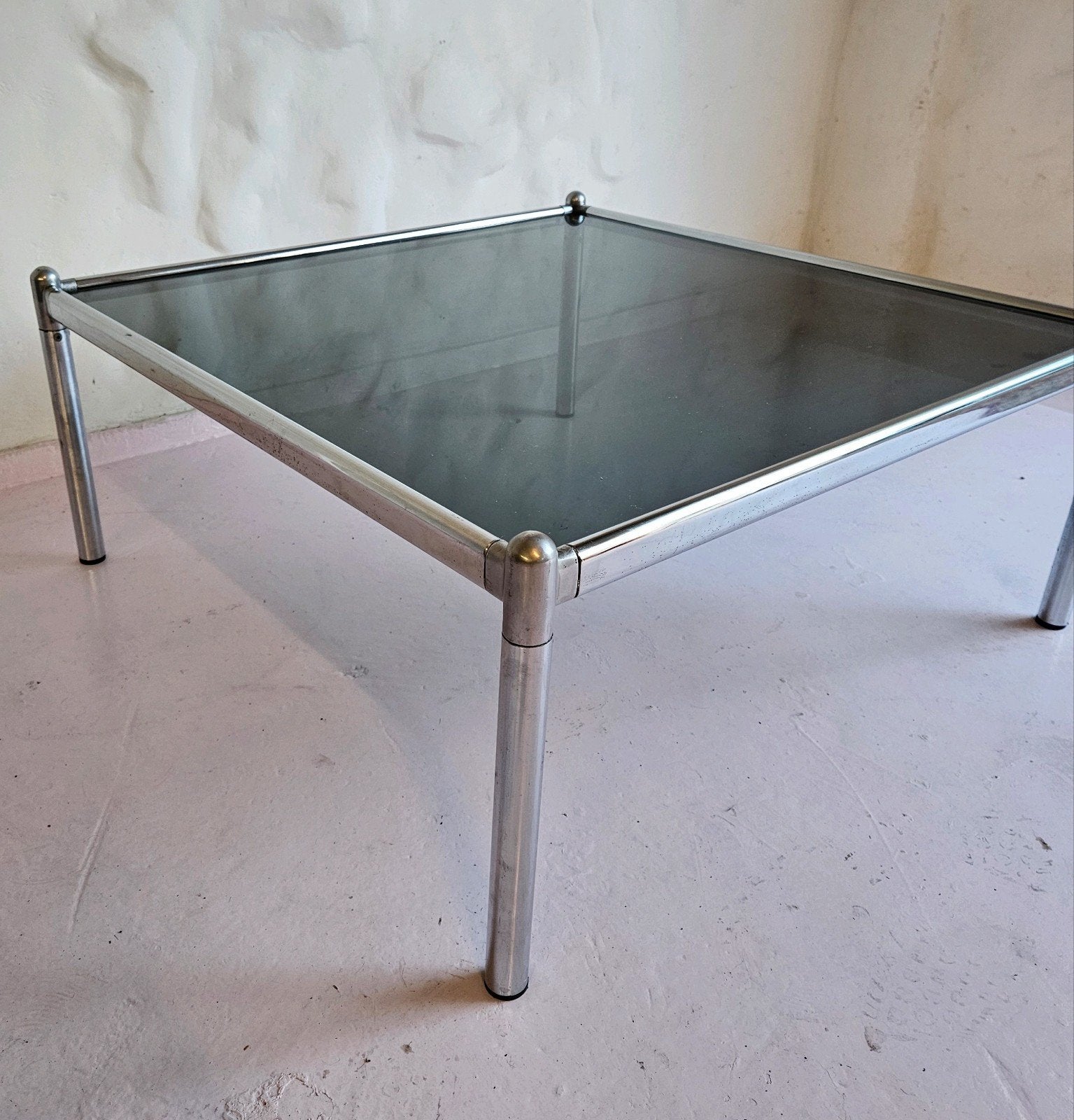 Vintage space age salontafel gekleurd glas op chromen frame, Ophalen, Gebruikt, 50 tot 100 cm, Vintage