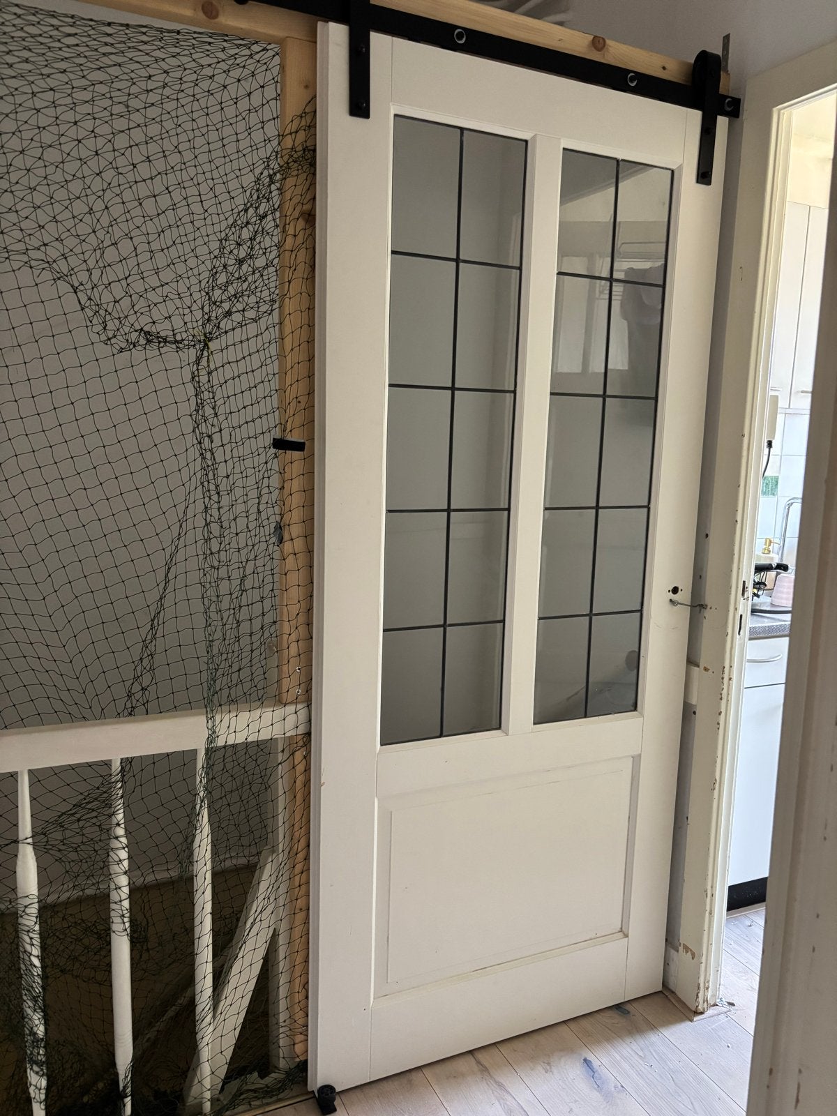Witte schuifdeur met glaspanelen, Ophalen, Gebruikt, 80 tot 100 cm, Binnendeur