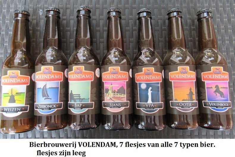 VOLENDAMS BIER, 7 lege flesjes, eerste oplaag & viltjes, Ophalen of Verzenden, Zo goed als nieuw, Flesje(s), Overige merken