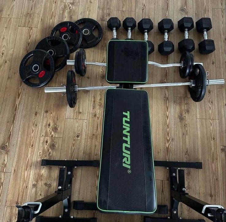 Complete Tunturi fitness set met bank, halters en gewichten, Ophalen of Verzenden, Gebruikt, Armen, Dumbbell