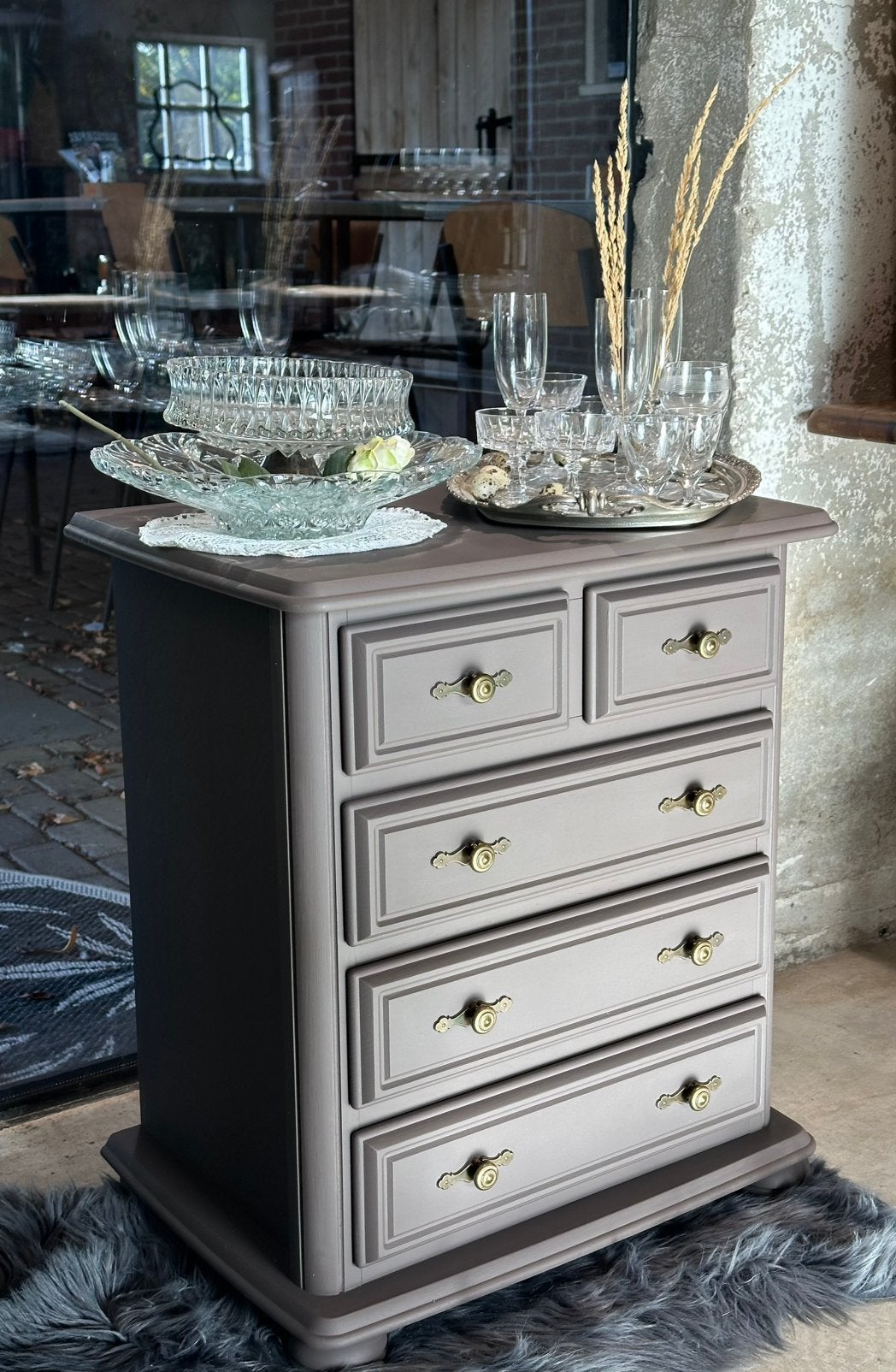 Brocante ladekastje - 5 lades - bruin/paars - basic, Ophalen, 50 tot 100 cm, Zo goed als nieuw, 3 of 4 laden