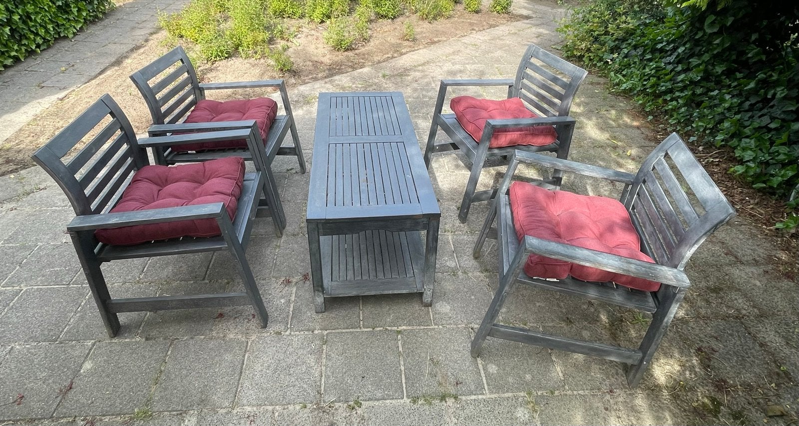 Antraciet houten tuinset + kussens, 4 zitplaatsen, Eettafel, Ophalen of Verzenden, Zo goed als nieuw