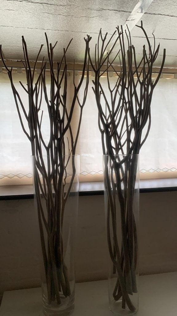 Twee grote glazen vazen met decoratieve takken, Ophalen, Transparant, 70 cm, Glas