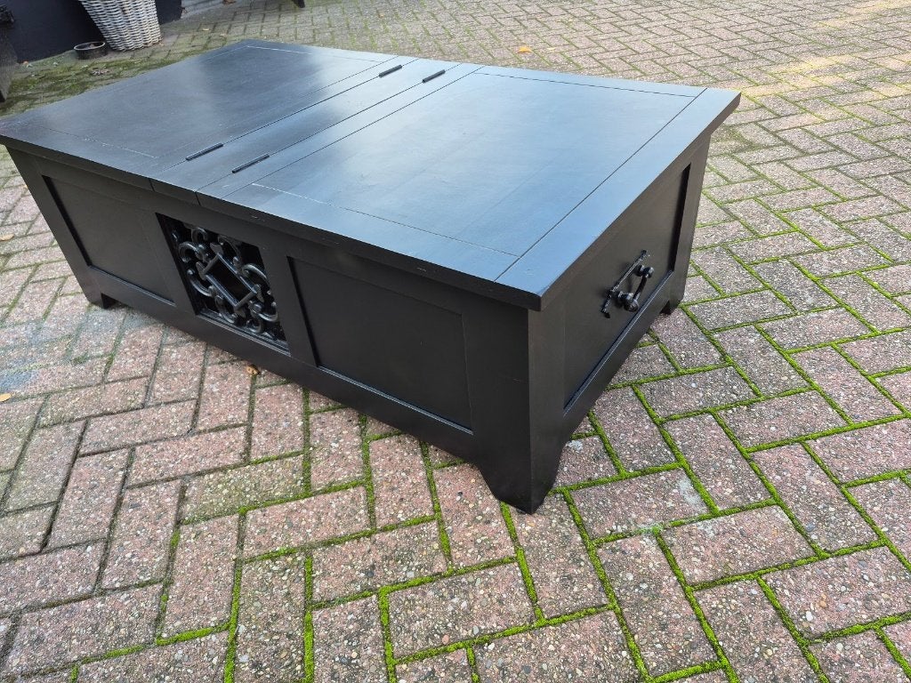 Teakhouten salontafel met smeedijzeren details, Ophalen, Gebruikt, 50 tot 100 cm, Vintage, Koloniaal