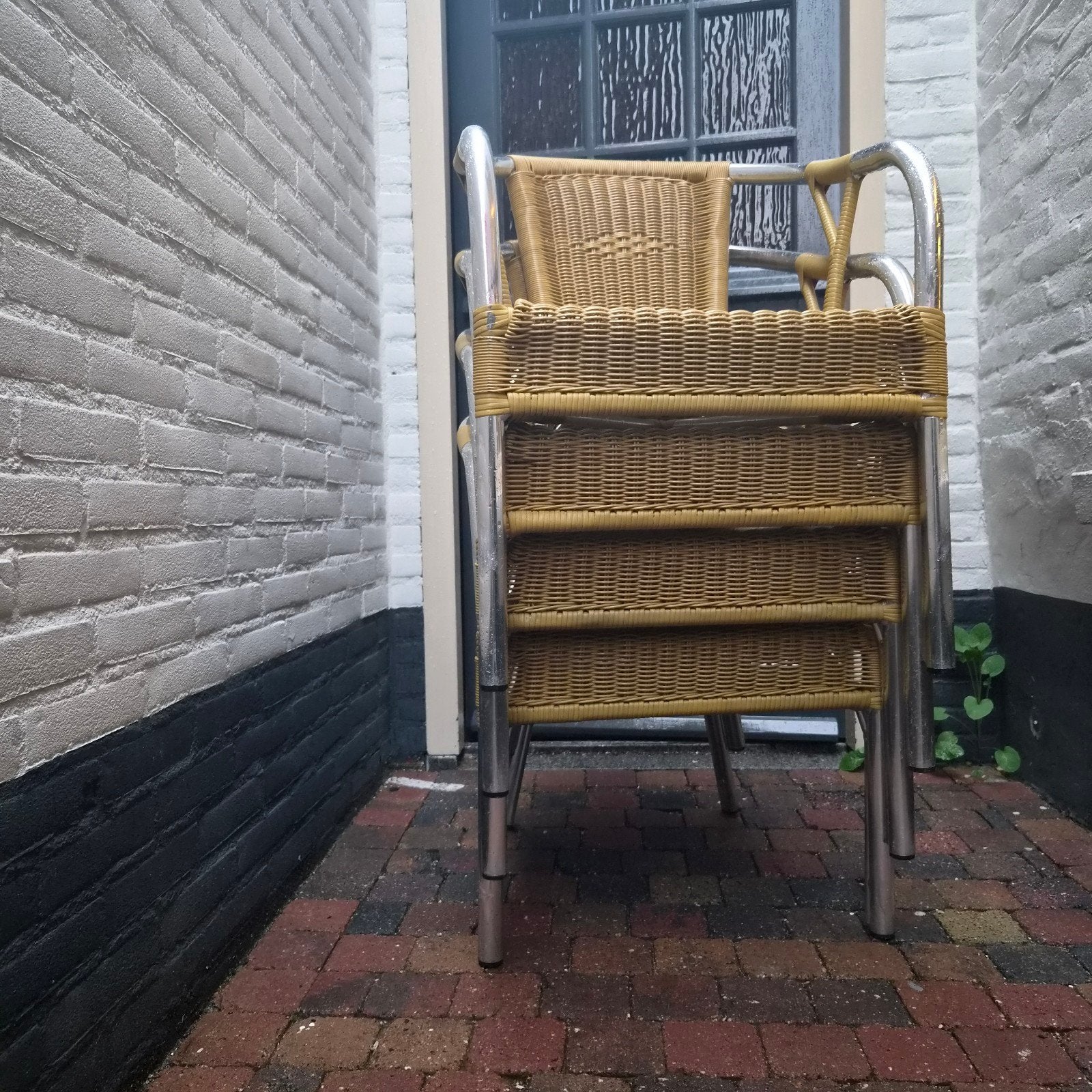Set van 4 stapelbare terrasstoelen met rotan look, Tuin en Terras, Tuinstoelen, Ophalen, Gebruikt, Aluminium, Stapelbaar
