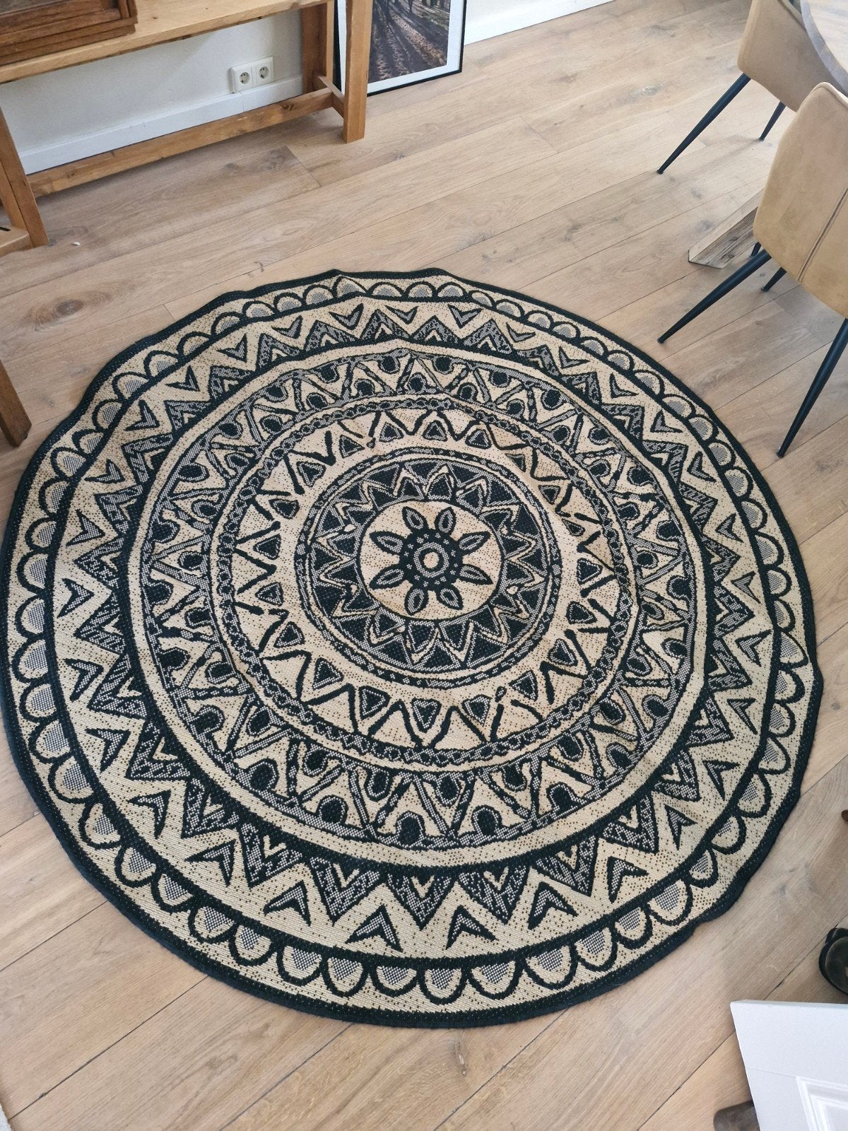Leenbakker vloerkleed rond 200cm - Zwart/Beige, Ophalen, Gebruikt, Beige, Rond