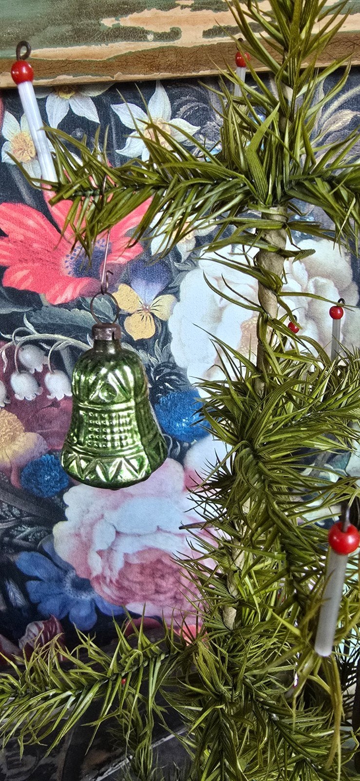 Antiek groen glazen kerstklokje hanger voor de feathertree, Ophalen of Verzenden