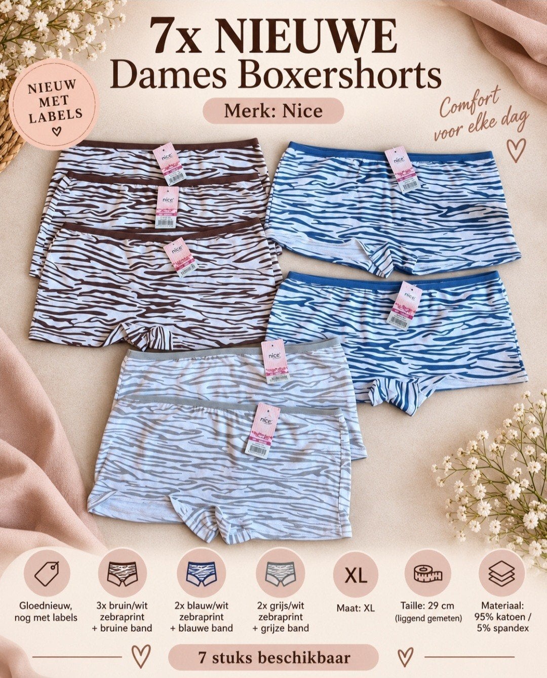 7x NIEUWE Dames Boxershorts - Maat XL - Merk: Nice, Nice, Ophalen of Verzenden, Meerkleurig, Broekje of Short