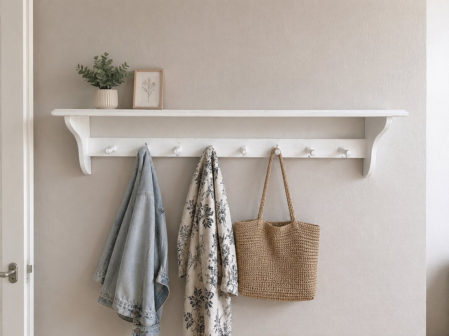 Witte brocante wandkapstok met plank en haken - 100 cm breed, Huis en Inrichting, Woonaccessoires | Kapstokken, Gebruikt, Minder dan 100 cm
