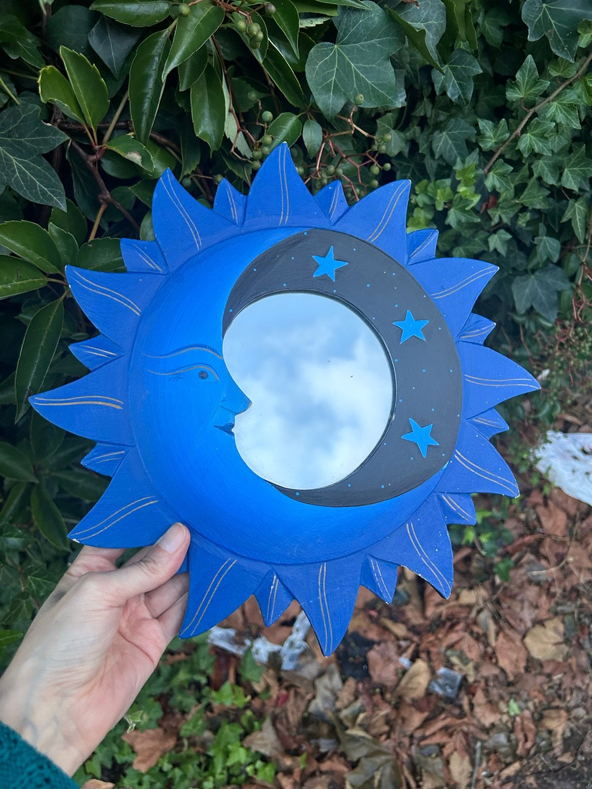 Vintage Unieke handgeschilderde zon en maan spiegel, Minder dan 50 cm, Ophalen of Verzenden, Zo goed als nieuw, Minder dan 100 cm