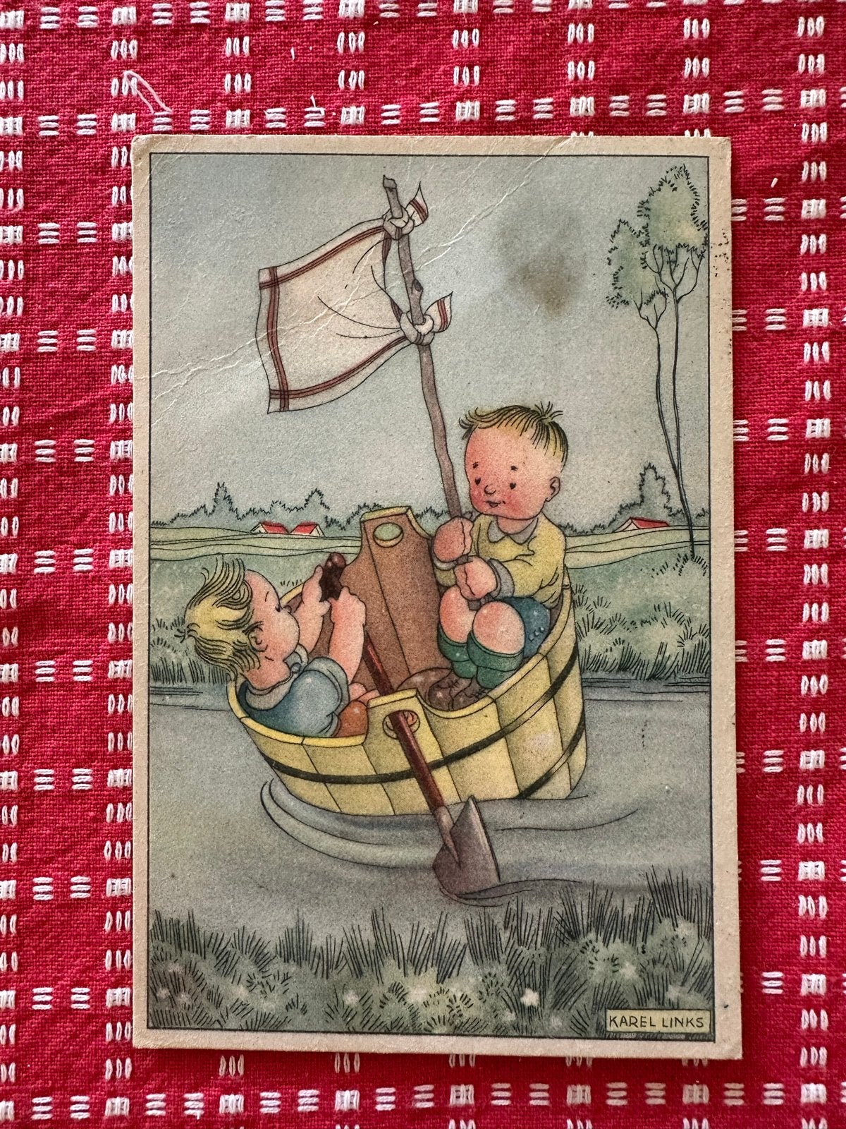 Oude Ansichtkaart: Twee Jongens in een Badkuip Boot, Verzenden, 1940 tot 1960, Gelopen, Noord-Holland