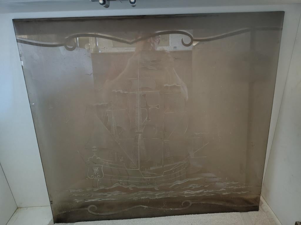 Groot geëtst glazen VOC zeilschip paneel, Antiek en Kunst, Ophalen