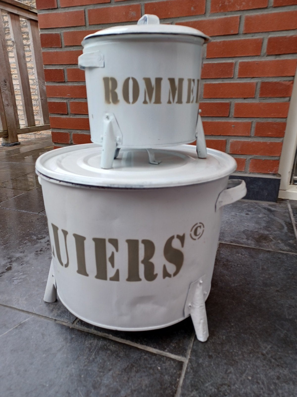 Set van 2 vintage opbergemmers 'Rommel' en 'Luiers', Vintage, Gebruikt, Ophalen of Verzenden, Metaal