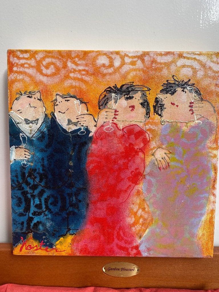 Kleurrijk Schilderij Jan Koster - Gezellig Feestgezelschap, Acrylverf, Portret of Personen, Expressionistisch, Gesigneerd