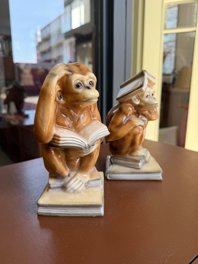Vintage design, midcentury boekensteunen aapjes keramiek, Ophalen