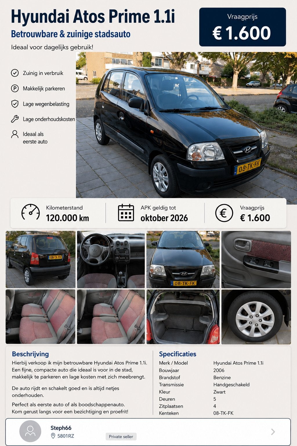 Hyundai Atos 1.1 2006 Zwart, Voorwielaandrijving, 31 €/maand, 4 cilinders, Zwart