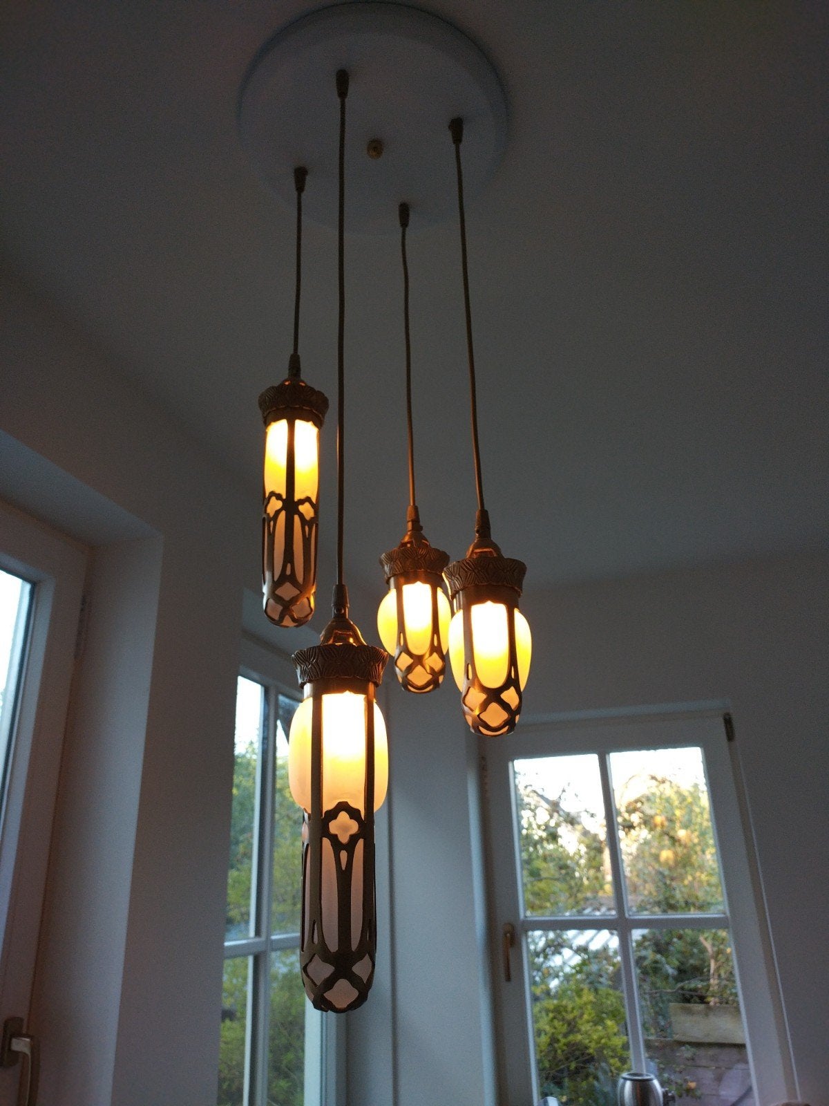 art deco / jugendstil bronzen hanglamp, Ophalen of Verzenden, Glas