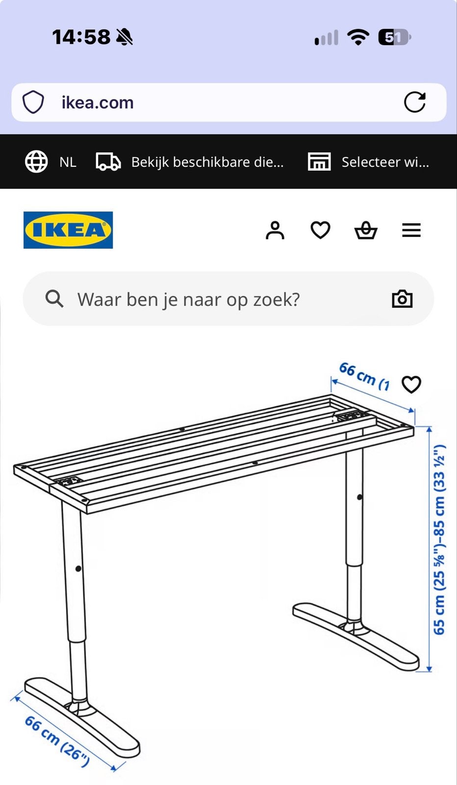 IKEA Bekant bureau onderstel - Wit, verstelbaar, Huis en Inrichting, Gebruikt, 100 tot 150 cm, Metaal, Rechthoekig