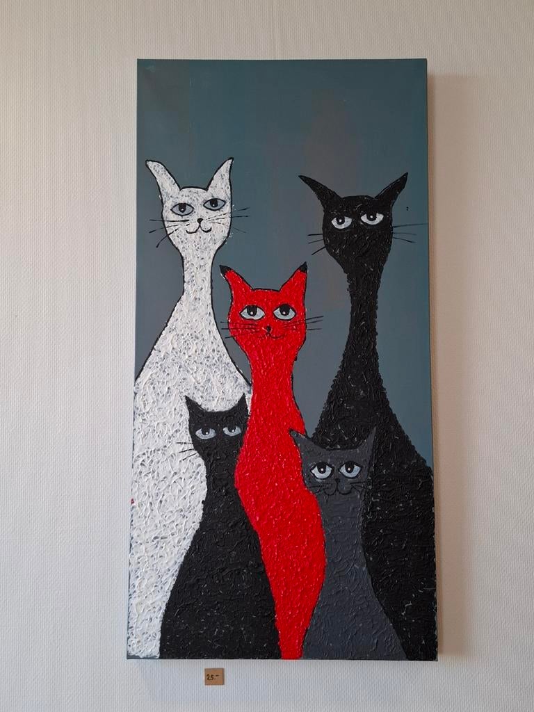 Canvas schilderij van 5 poezen, Ophalen of Verzenden
