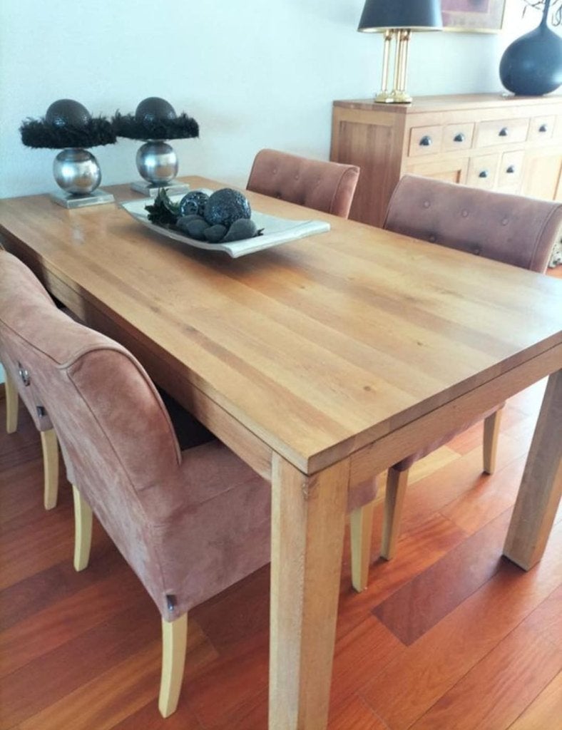 Lichte, eikenhouten eettafel + 4 zachte fluwelen  stoelen, Huis en Inrichting, Tafels | Eettafels, Ophalen, Eikenhout, 200 cm of meer