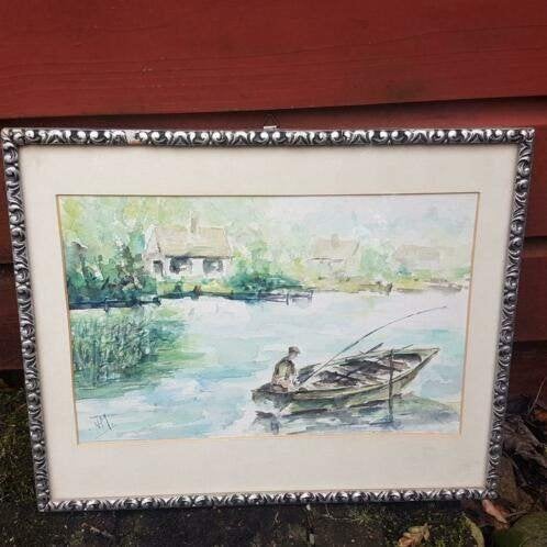 Aquarel vissen bij Marken Binnen gesigneerd NHM, Antiek en Kunst, Ophalen