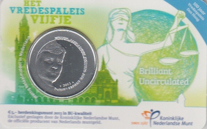 Nederland 5 euro Het Vredespaleis Vijfje 2013 BU in coincard, Ophalen of Verzenden, Koningin Beatrix, Euro's, Setje