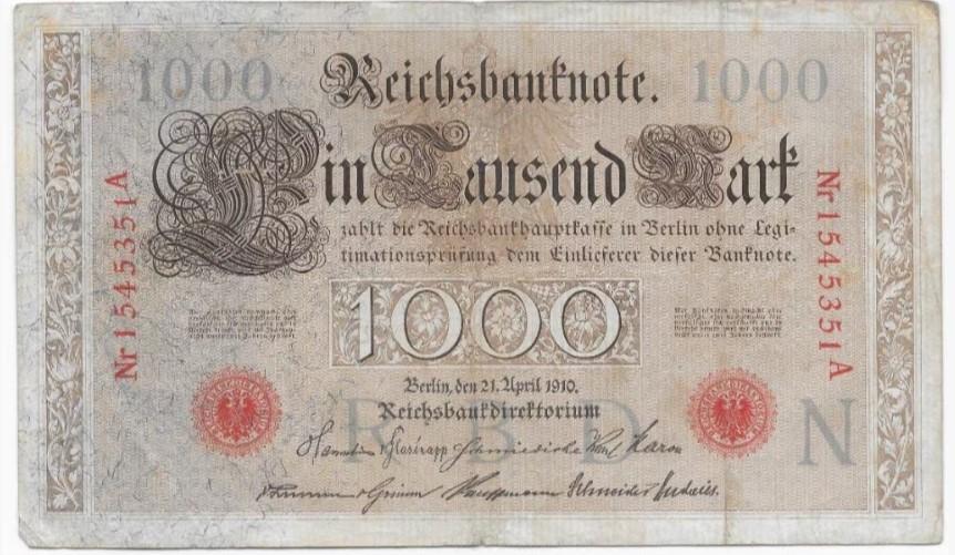 1000 Mark 1910 Reichsbanknote; two red seals  51A, Verzenden, Duitsland, Los biljet