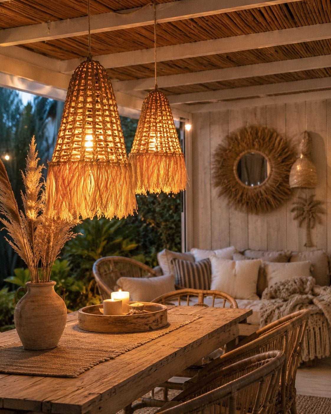 Boho Ibiza Stijl Rieten Hanglampen - 2 Maten, Ophalen of Verzenden, Nieuw, Overige materialen, Boho, Ibiza, Natuurlijk