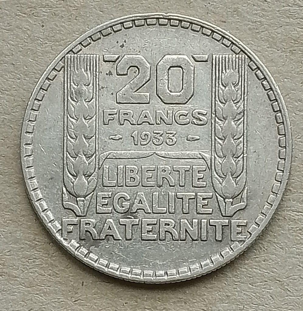 Frankrijk, 20 francs 1933 Short leaves., Ophalen of Verzenden, Frankrijk, Losse munt, Zilver