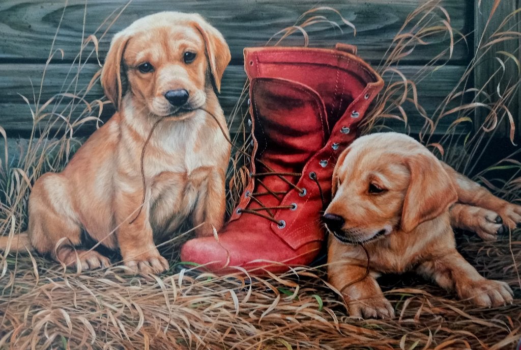 Eurographics puzzel 1000 stukjes met puppies en laars, Ophalen of Verzenden, 500 t/m 1500 stukjes, Zo goed als nieuw
