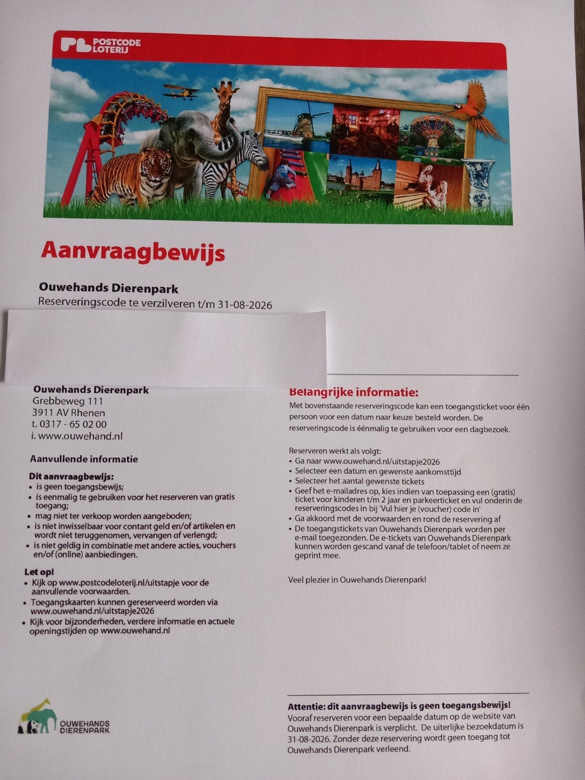 3 toegangs kaarten Ouwehands Dierenpark, Tickets en Kaartjes, Drie personen of meer, Ticket of Toegangskaart