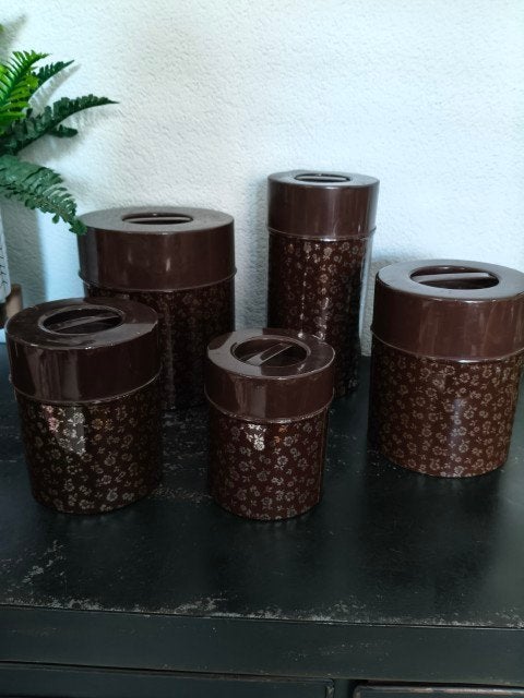 Vintage set blikken bruin zilver bloemen 5-delig, Ophalen of Verzenden, Gebruikt, Overige, Overige merken