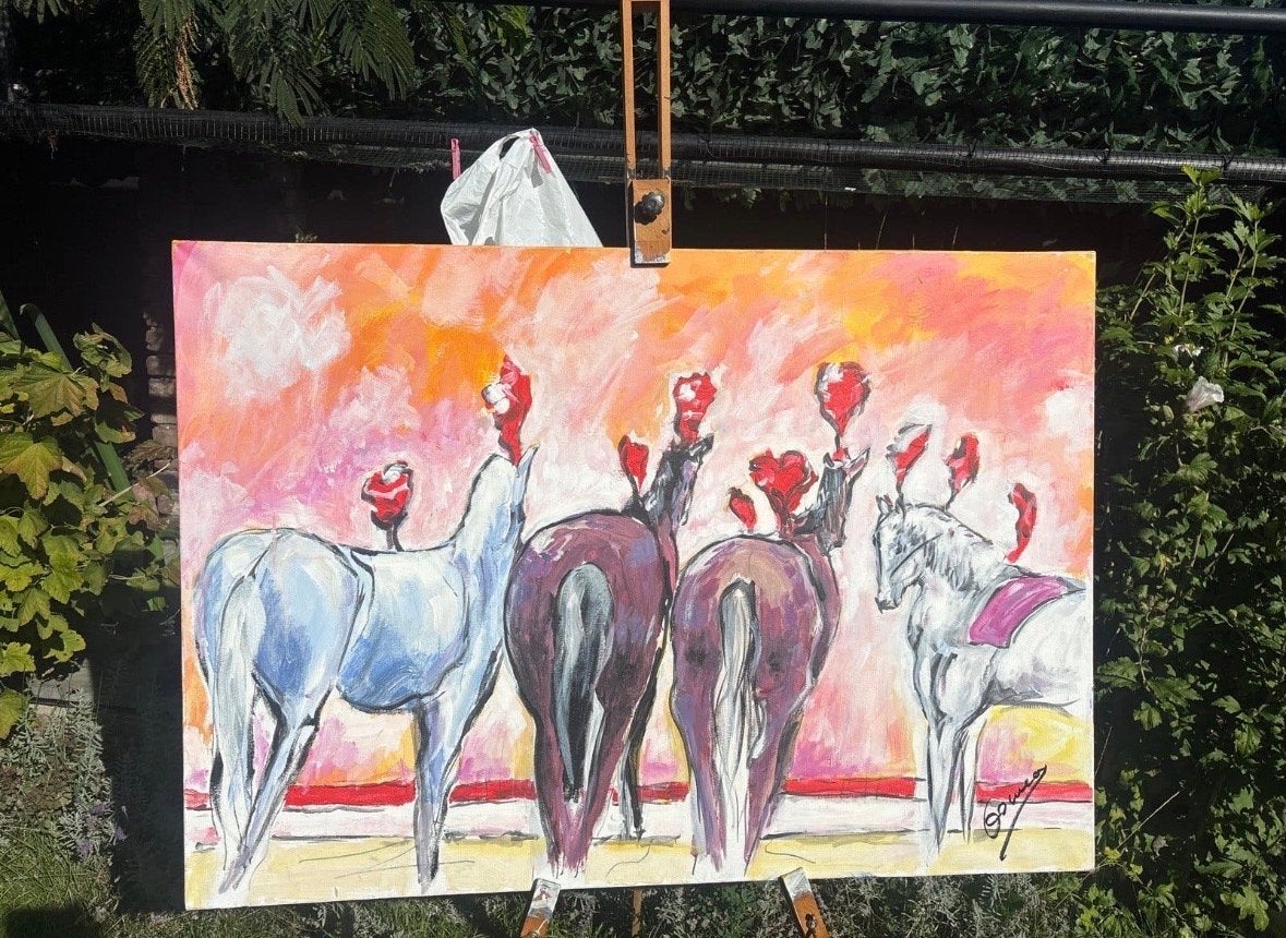 Schilderij 'Paarden met Rode Harten' - Uniek Kunstwerk, Antiek en Kunst, Ophalen